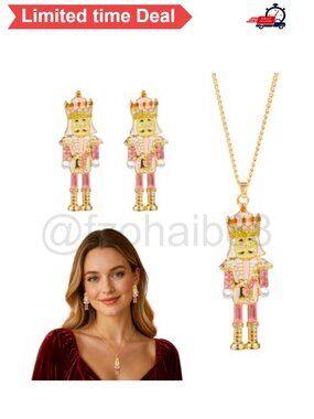 🎄 Nutcracker Pendant Necklace and Earrings Jewelry Set Polished Alloy Christmas